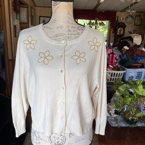 Vintage 50’s 60’s CLUES collection white with hand beaded flowers silk cardigan.